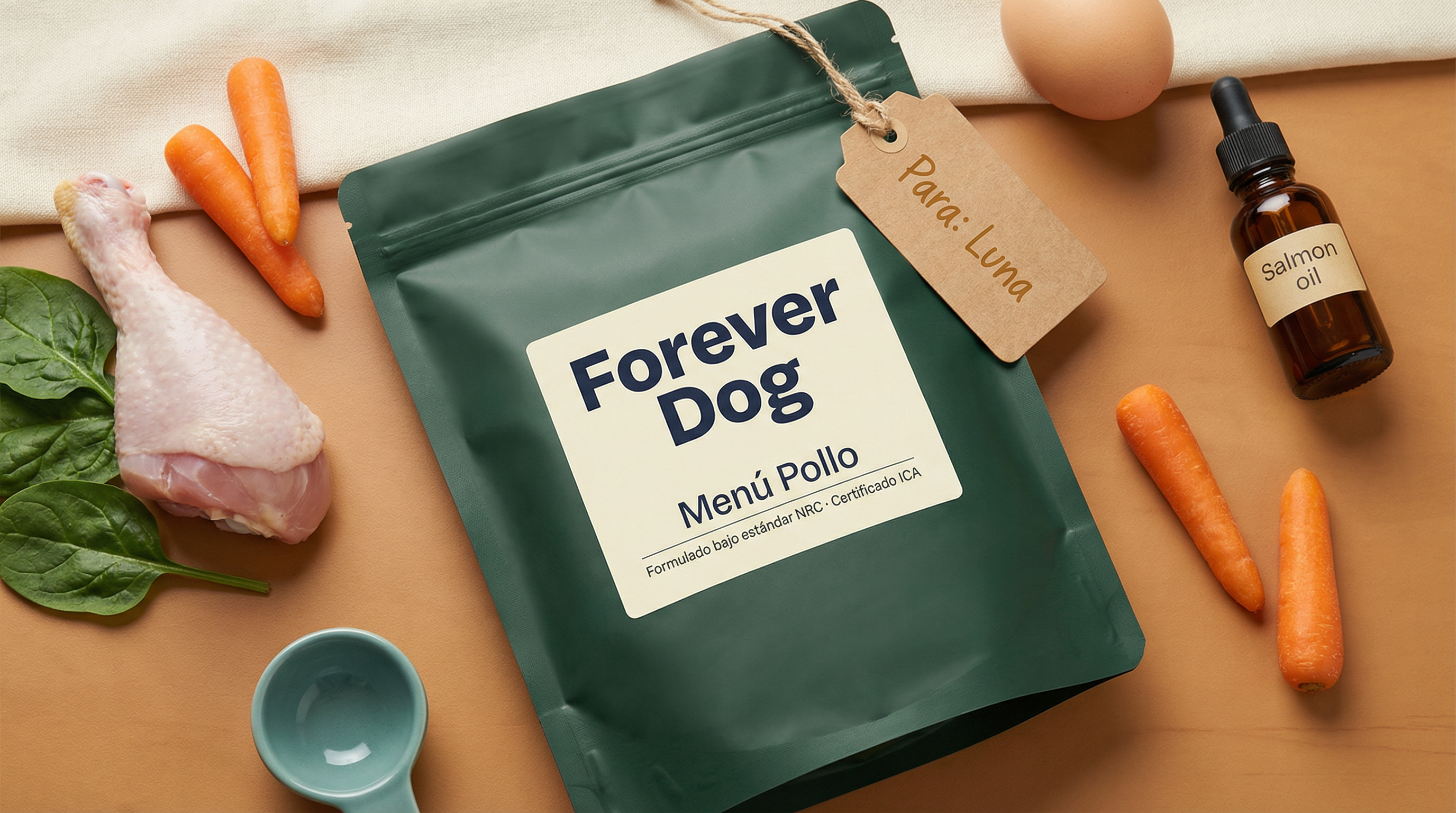 Menú pollo Forever Dog formulado bajo estándar NRC con pollo, vegetales, hueso molido y suplementos — comida natural para perros en Colombia.