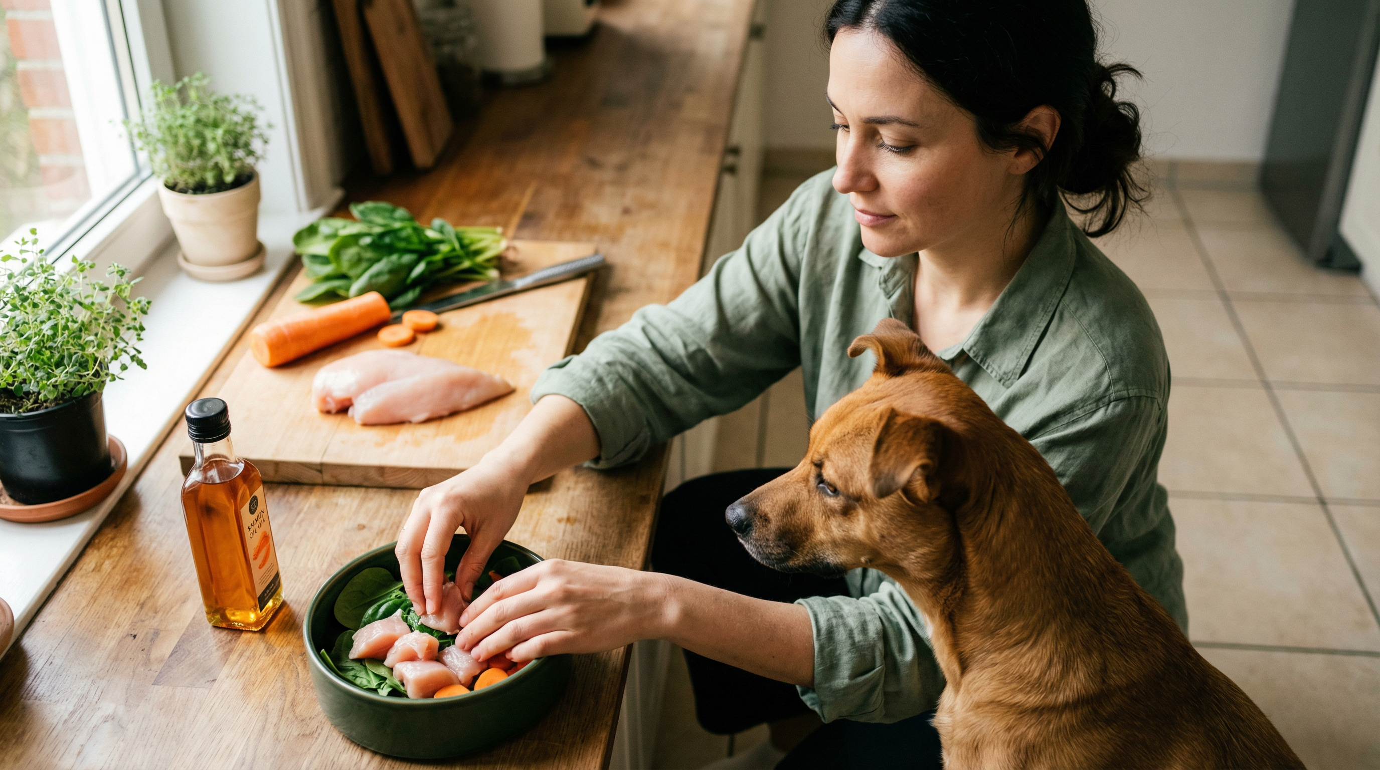 Tutora preparando comida natural formulada bajo estándar NRC para su perro en Bogotá, Colombia — Forever Dog.